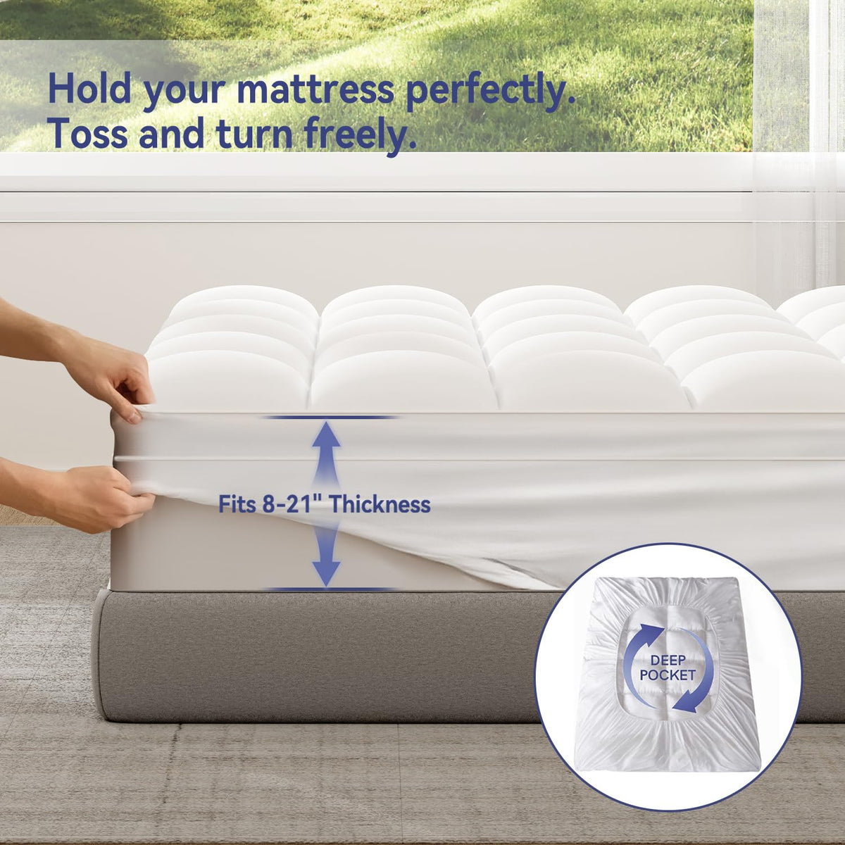 Elemuse Cal King topper features soft microfiber fabric for breathable skin-friendly feel.