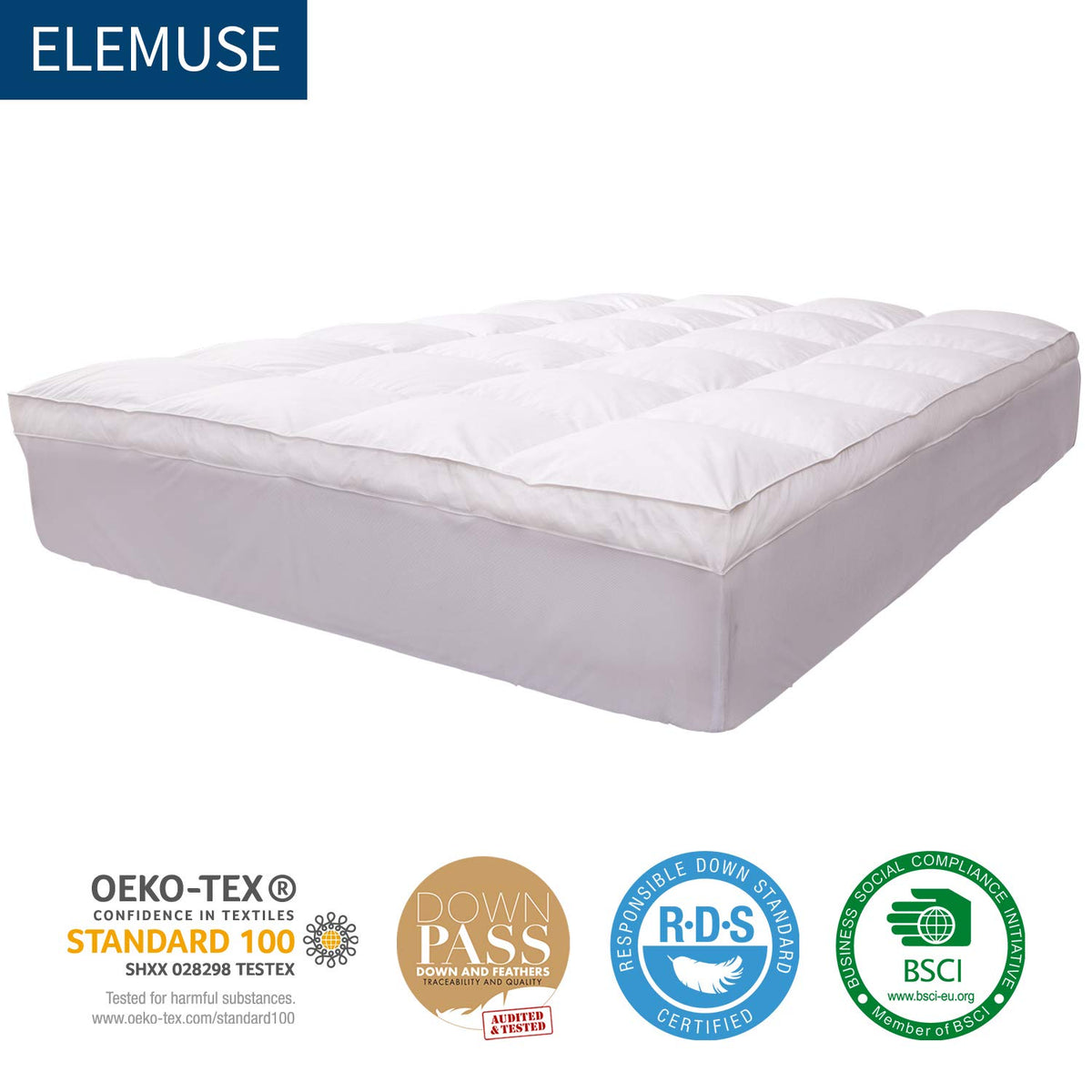 ELEMUSE certification badges highlight Oeko-Tex, Downpass and RDS standards.
