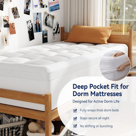 Deep-pocket fitted design keeps topper secure on dorm mattresses.