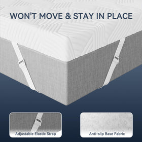 ELEMUSE topper non-slip bottom with straps keeps mattress in place.