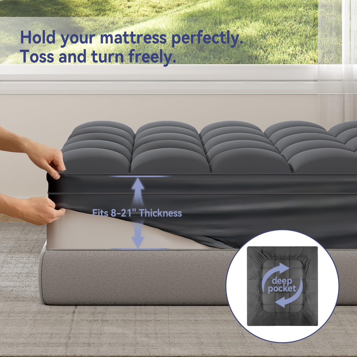 ELEMUSE Queen Grey Topper with deep elastic pocket fits 8–21 inch mattresses securely.