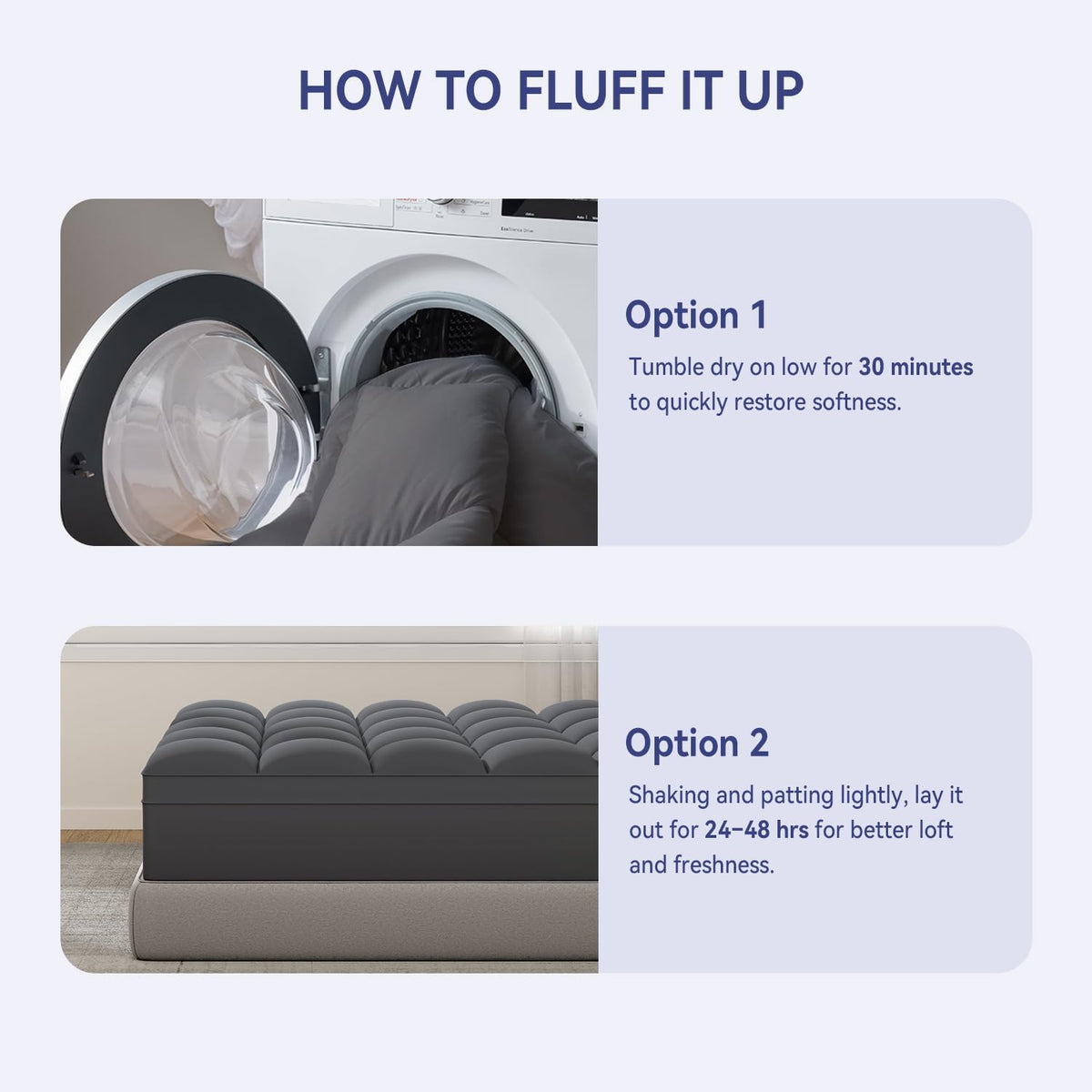 ELEMUSE Queen Grey Topper is machine washable for simple care.