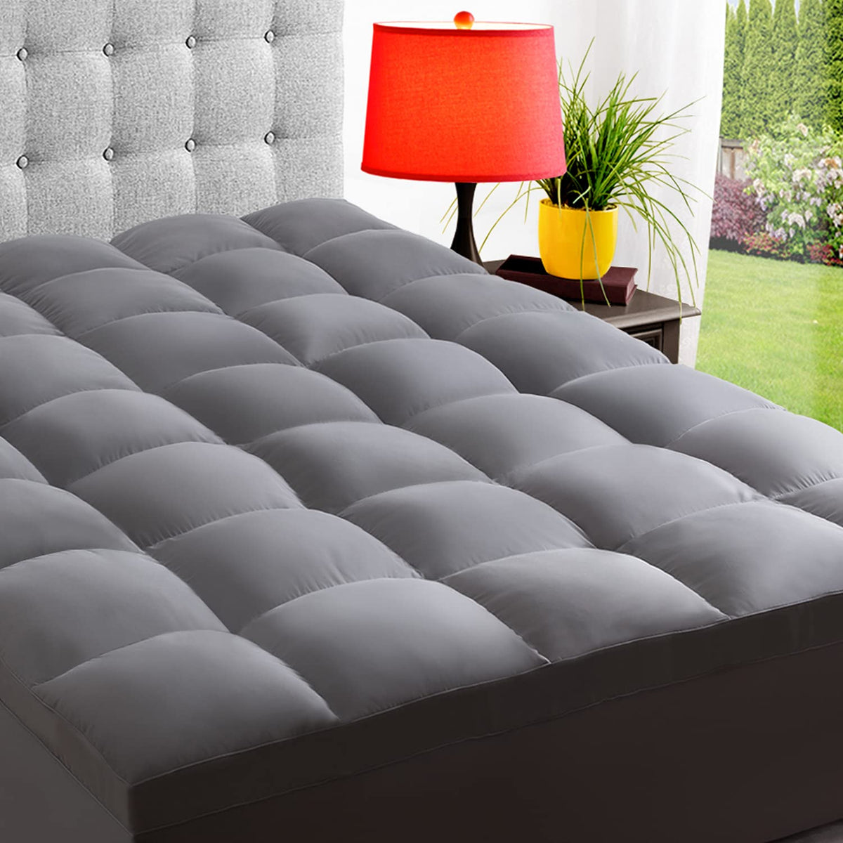 ELEMUSE Queen Grey Topper with soft microfiber cover for plush comfort.