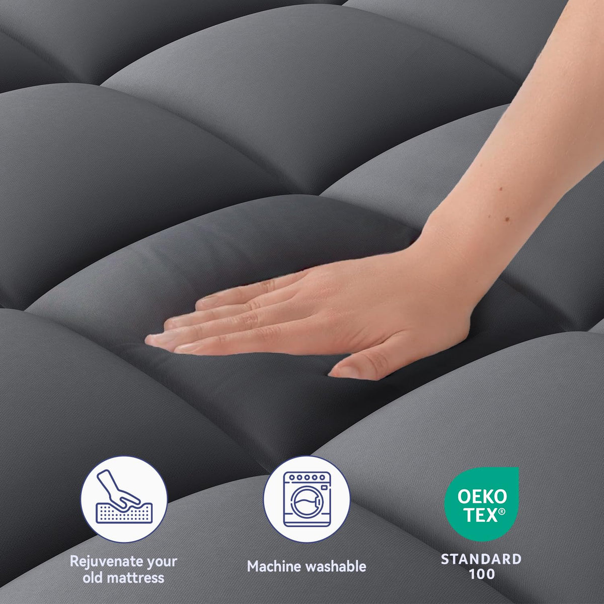 ELEMUSE Queen Grey Topper ultra-thick overfilled fill for better hip and shoulder comfort.