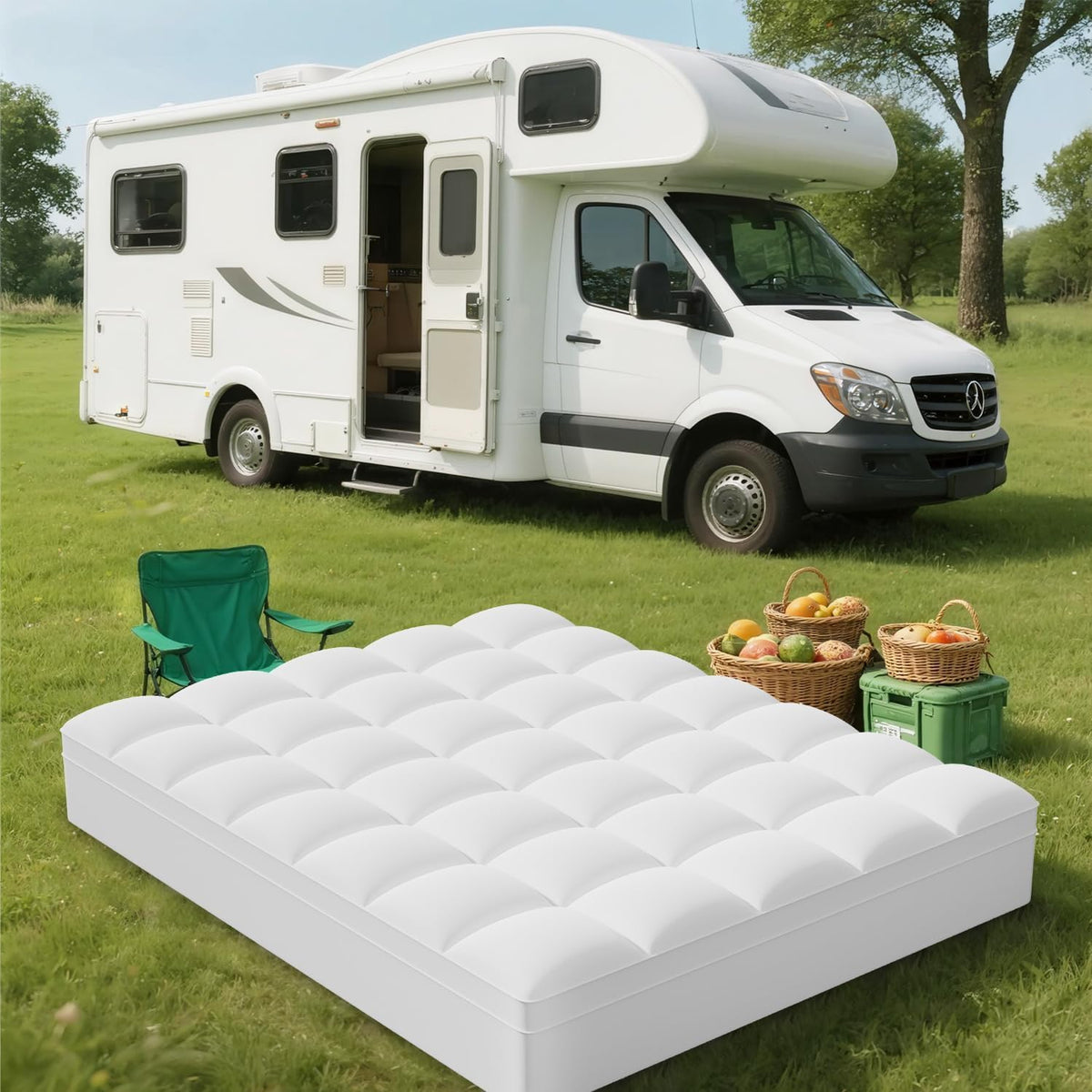 Elemuse RV short queen topper deep-pocket edge view supports secure fit.