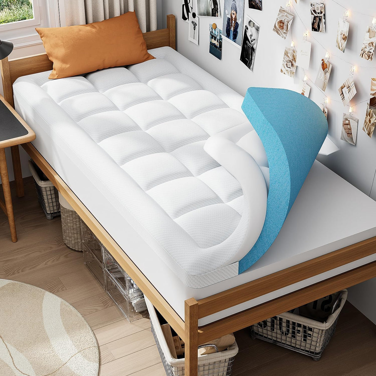 ELEMUSE Twin XL dual-layer topper on a dorm bed offering instant comfort.