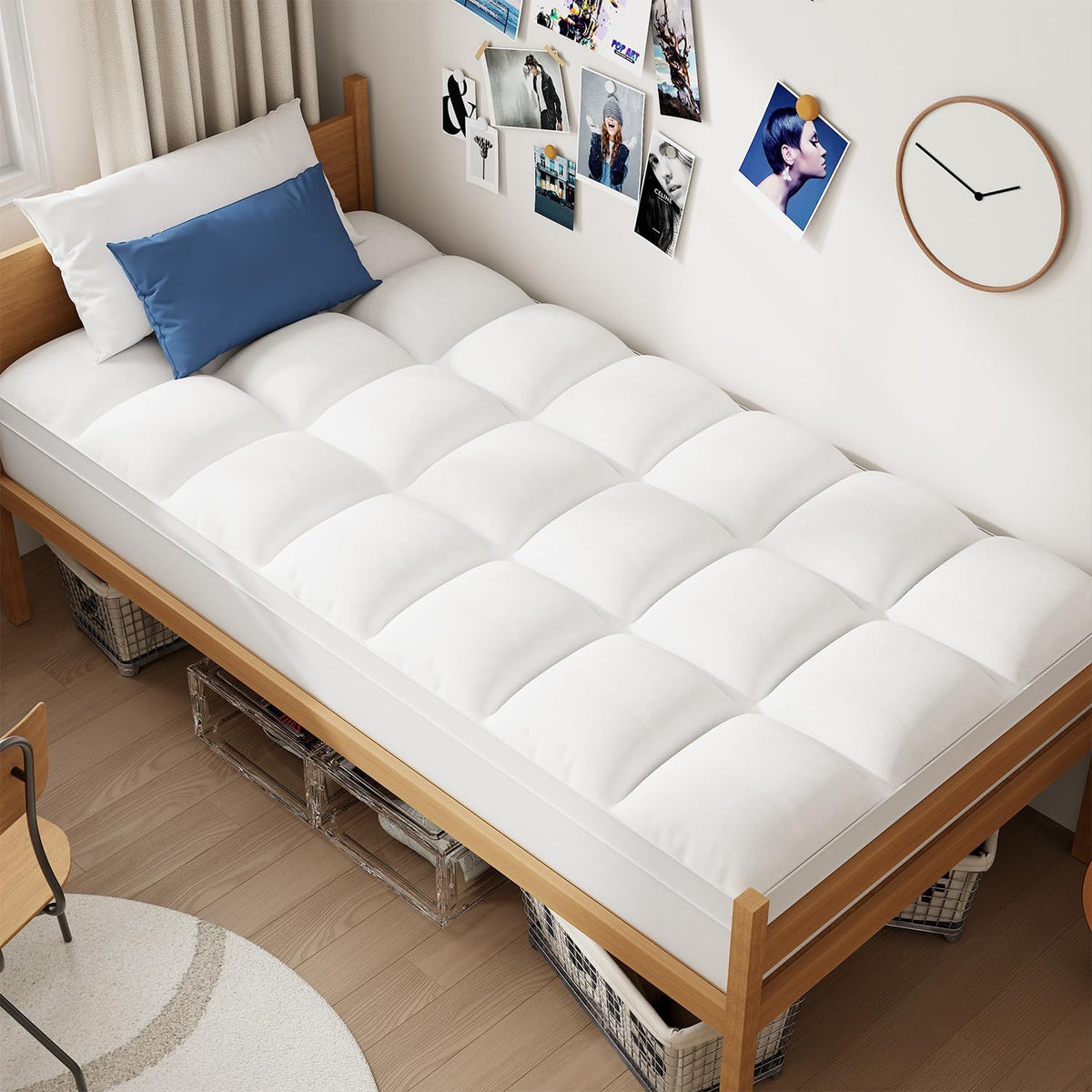 ELEMUSE Twin XL mattress topper on a dorm bed for a softer sleep surface.