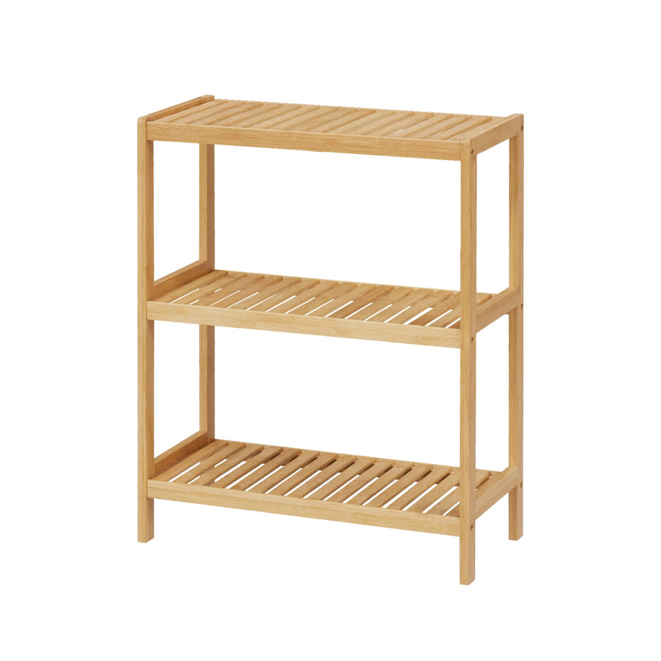 Elepude 3-Tier Bamboo Shelf, front view, sturdy framing for daily storage.