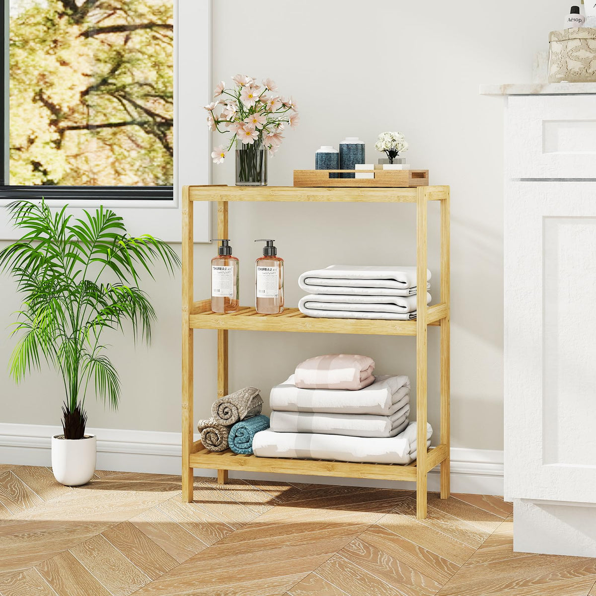 Elepude bamboo shelf, side view, compact footprint for corners.