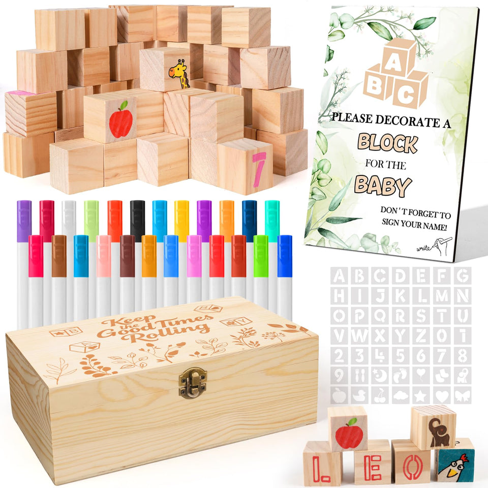 ELESTONE baby shower blocks kit featuring 44 blank blocks for personalized games at gatherings.