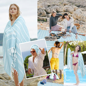 Outdoor poolside scene with Eliamo blue towels for versatile use.