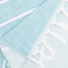 Eliamo blue towelpack neatly packed in a bag for travel use.