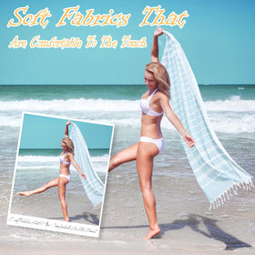 Eliamo blue Turkish towel shown at 36x71 inches for generous coverage.