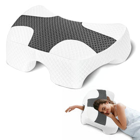 Eliteguard side-sleeper arm-hole pillow showcases ergonomic design for neck and shoulder relief.