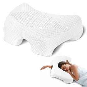 Eliteguard side-sleeper pillow with arm-hole offering ergonomic arm support during side sleep.