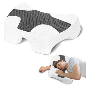 Eliteguard side sleeper pillow with arm hole supports neck and shoulder alignment.