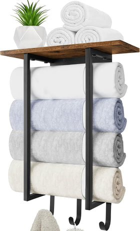 ELITEROO wall-mounted towel rack with wood shelf provides compact towel storage.