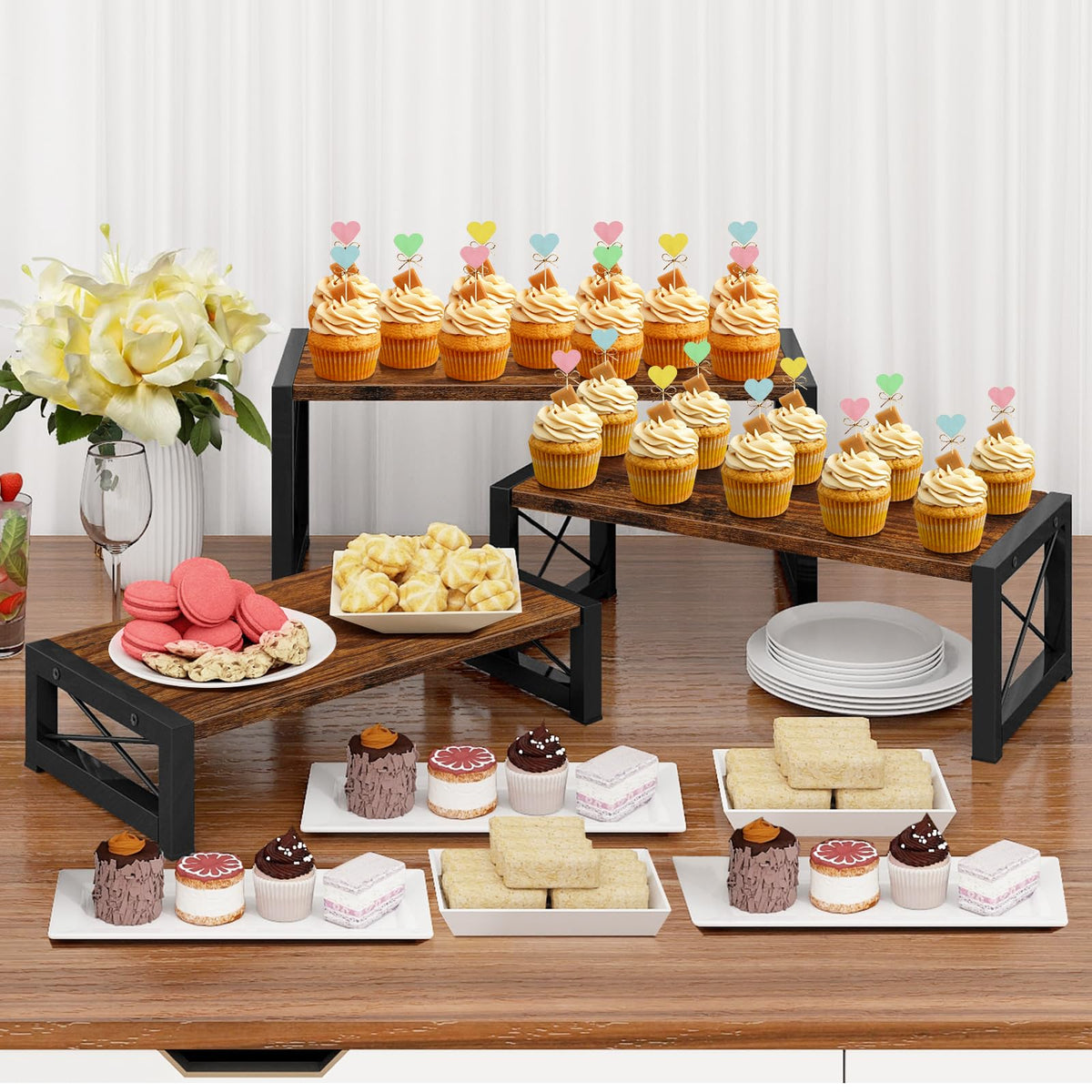 ELITEROO wood display risers large, sturdy tiered shelf for retail and events.