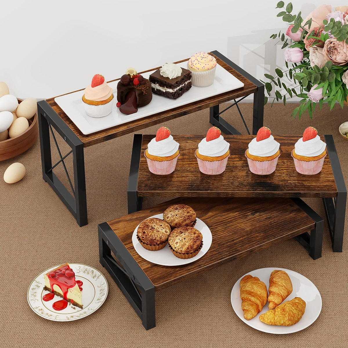 ELITEROO wood display risers medium, stackable design saves space.