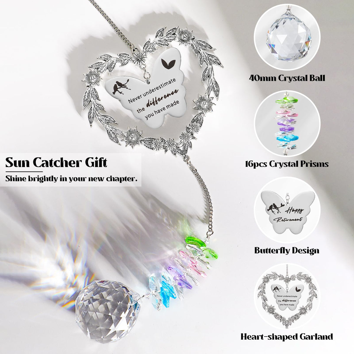Elivida retirement sun catcher hanging in a window casts rainbow rays.