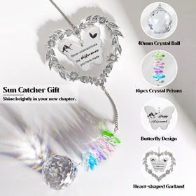 Elivida retirement sun catcher hanging in a window casts rainbow rays.