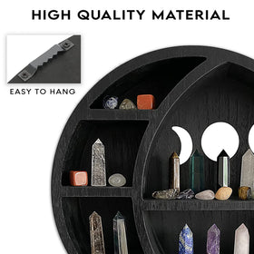 Moon phase banner beneath the crescent shelf adds calming atmosphere.
