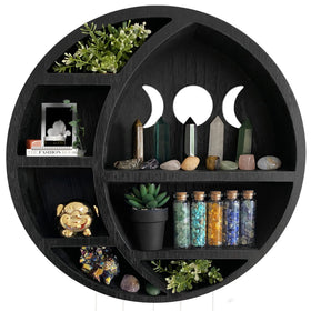 Ella & Emma moon shelf crystal display with organized stones across five levels.