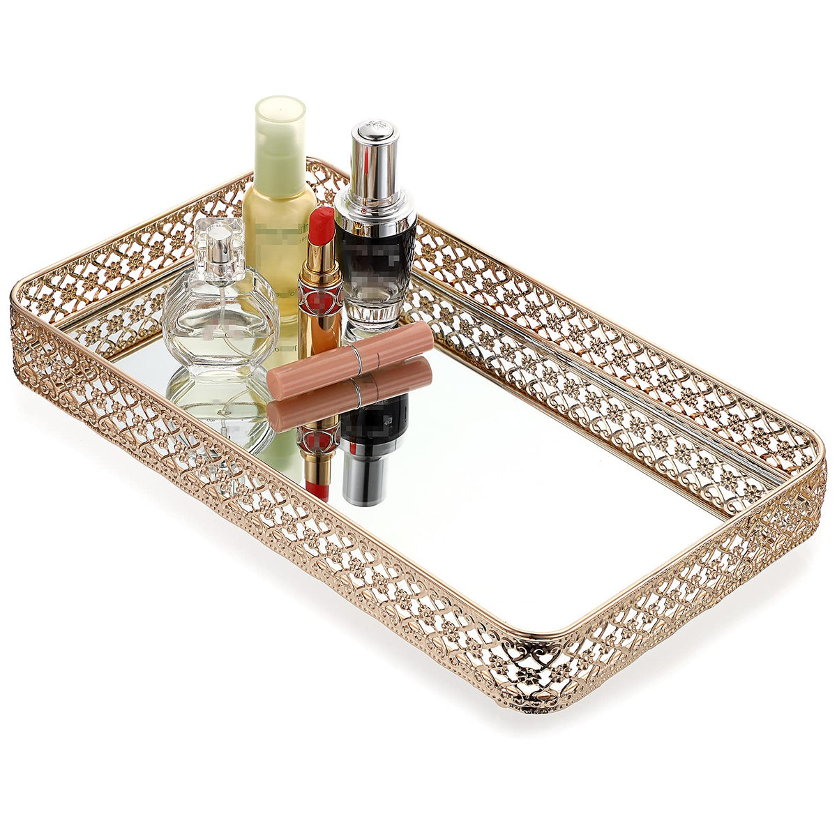 ELLDOO Gold tray with hollow-carved edges enhances vanity organization and style.