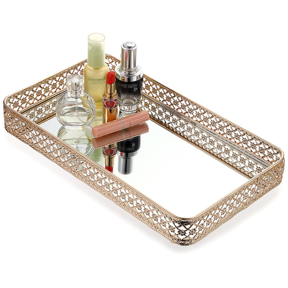 ELLDOO Gold tray with hollow-carved edges enhances vanity organization and style.
