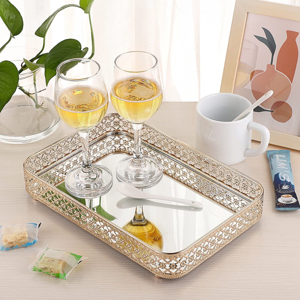 ELLDOO gold-tone metal tray offers large capacity for cosmetics and jewelry.