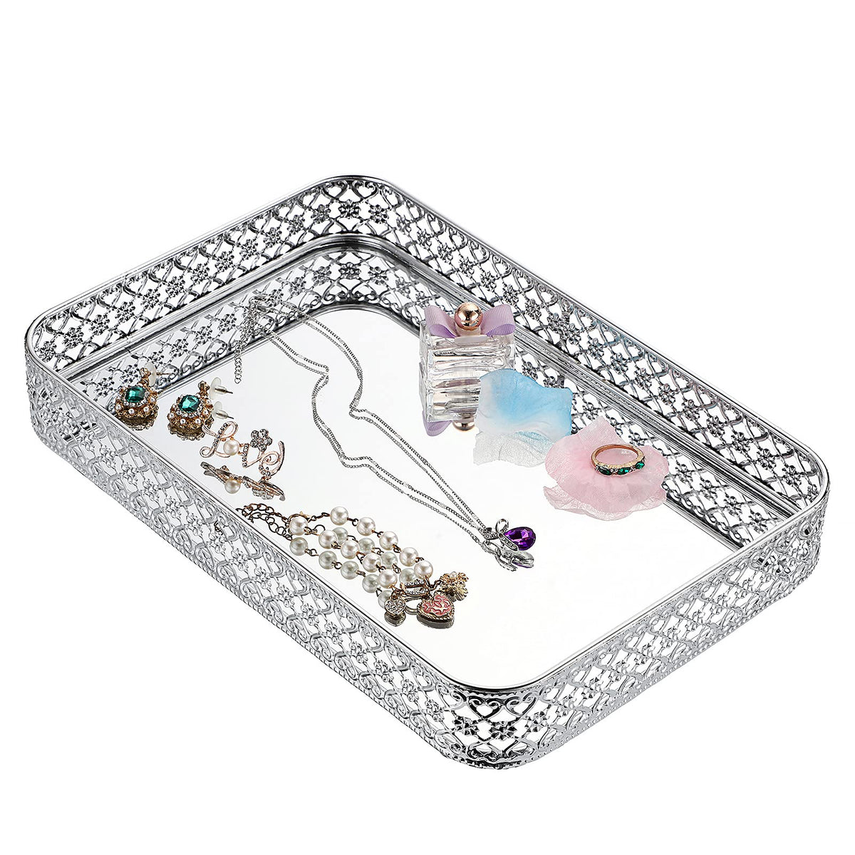 ELLDOO hollow-pattern decor tray adds shine to bathroom or dresser.