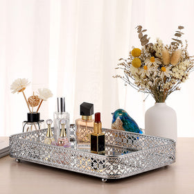 ELLDOO makeup tray rectangle silver to highlight cosmetics on the dresser.