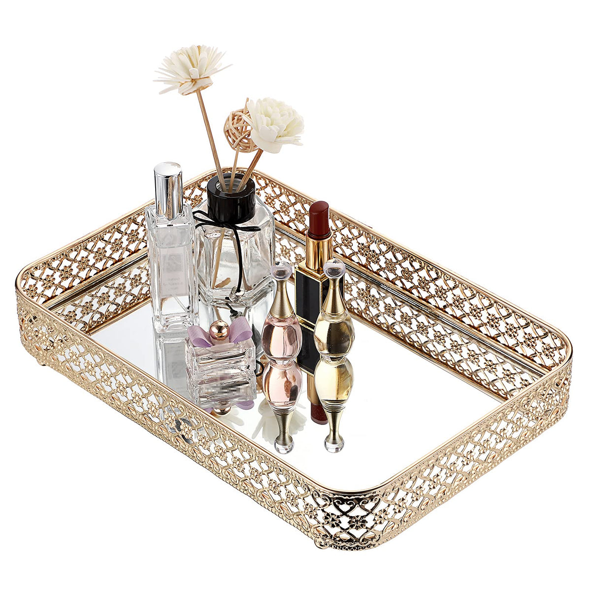 ELLDOO perfume and makeup tray with hollow-carved gold design keeps cosmetics organized.