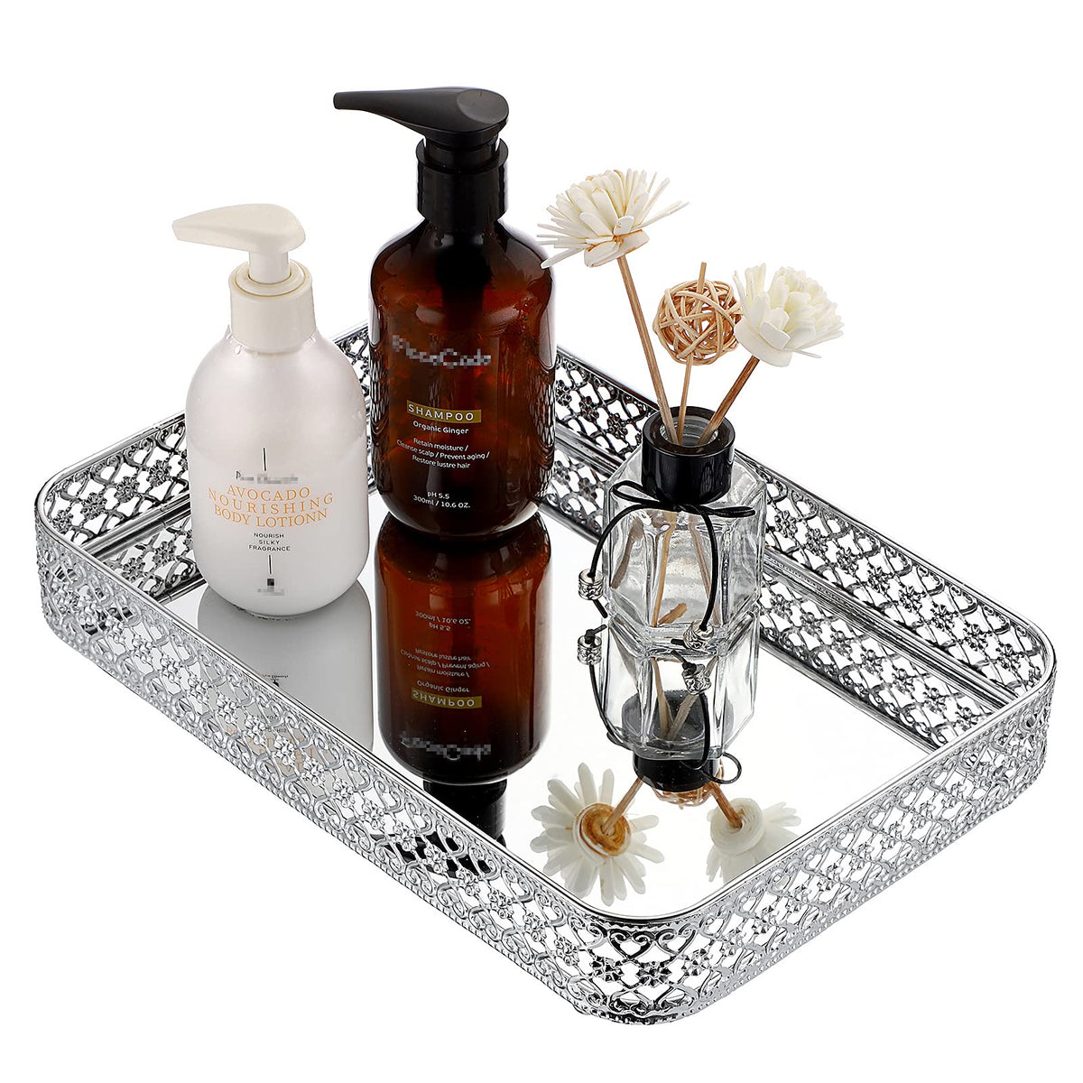 ELLDOO perfume mirror tray on vanity for organized fragrances.