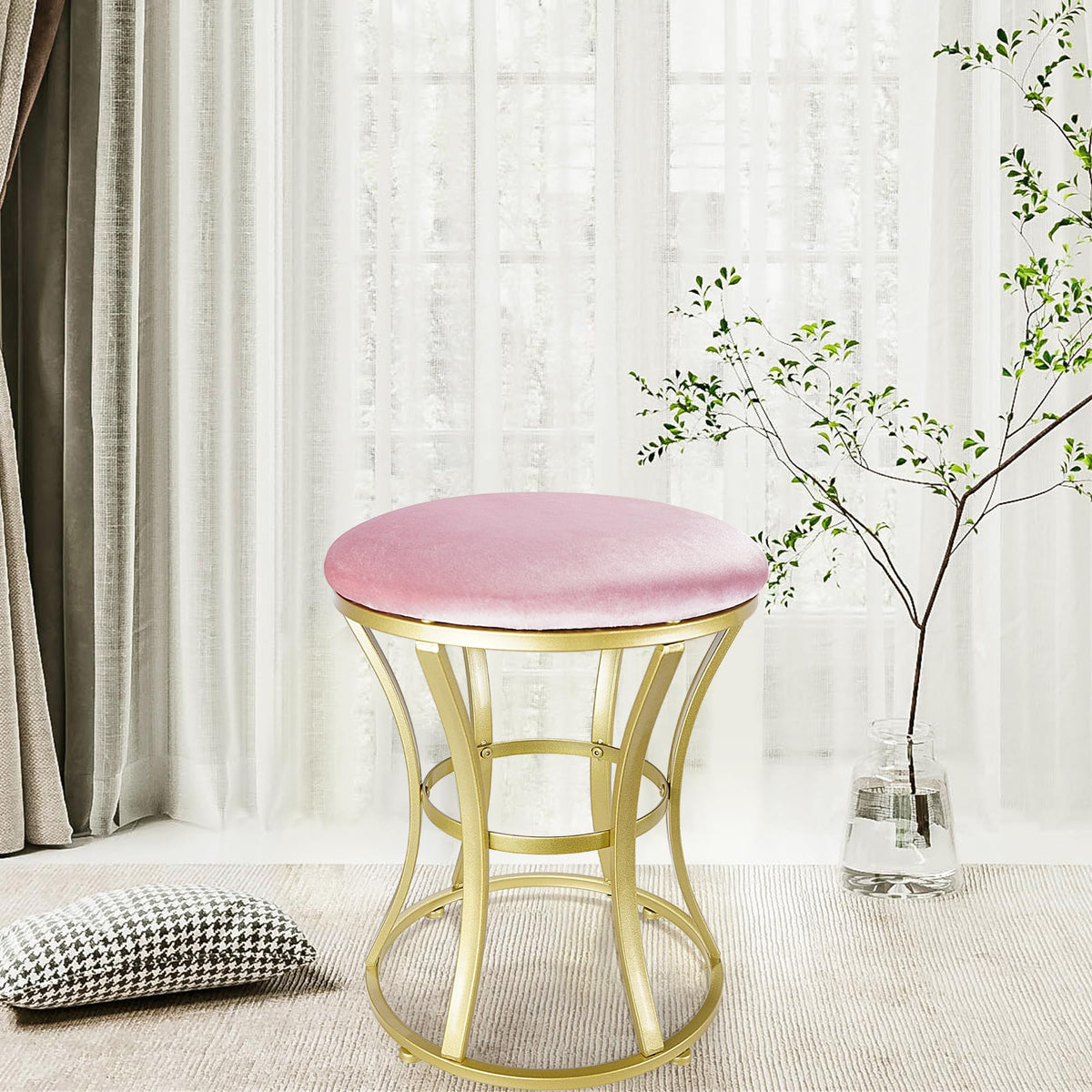 Ellensamqi velvet round vanity stool gold legs closeup; sturdy base and shine