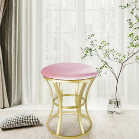 Ellensamqi velvet round vanity stool gold legs closeup; sturdy base and shine