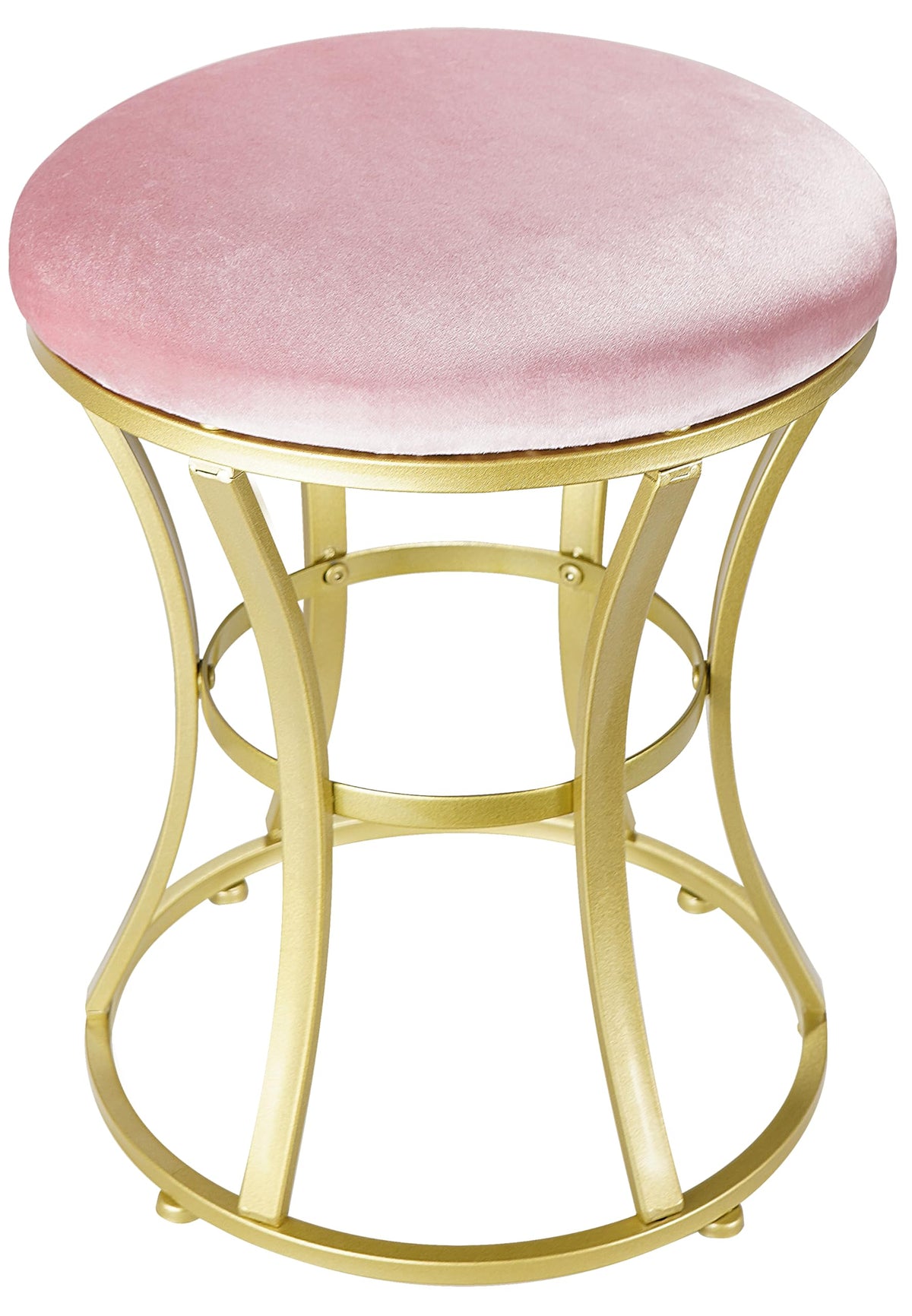 Ellensamqi velvet round vanity stool pink front view; sturdy metal frame for daily makeup sessions