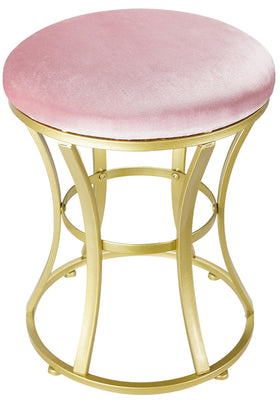 Ellensamqi velvet round vanity stool pink front view; sturdy metal frame for daily makeup sessions