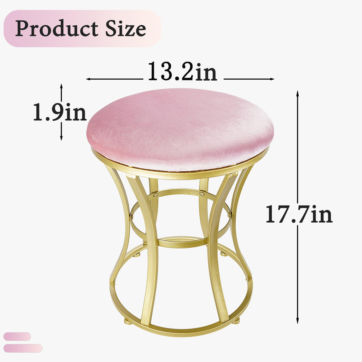 Ellensamqi velvet round vanity stool pink side view; compact footprint for small spaces
