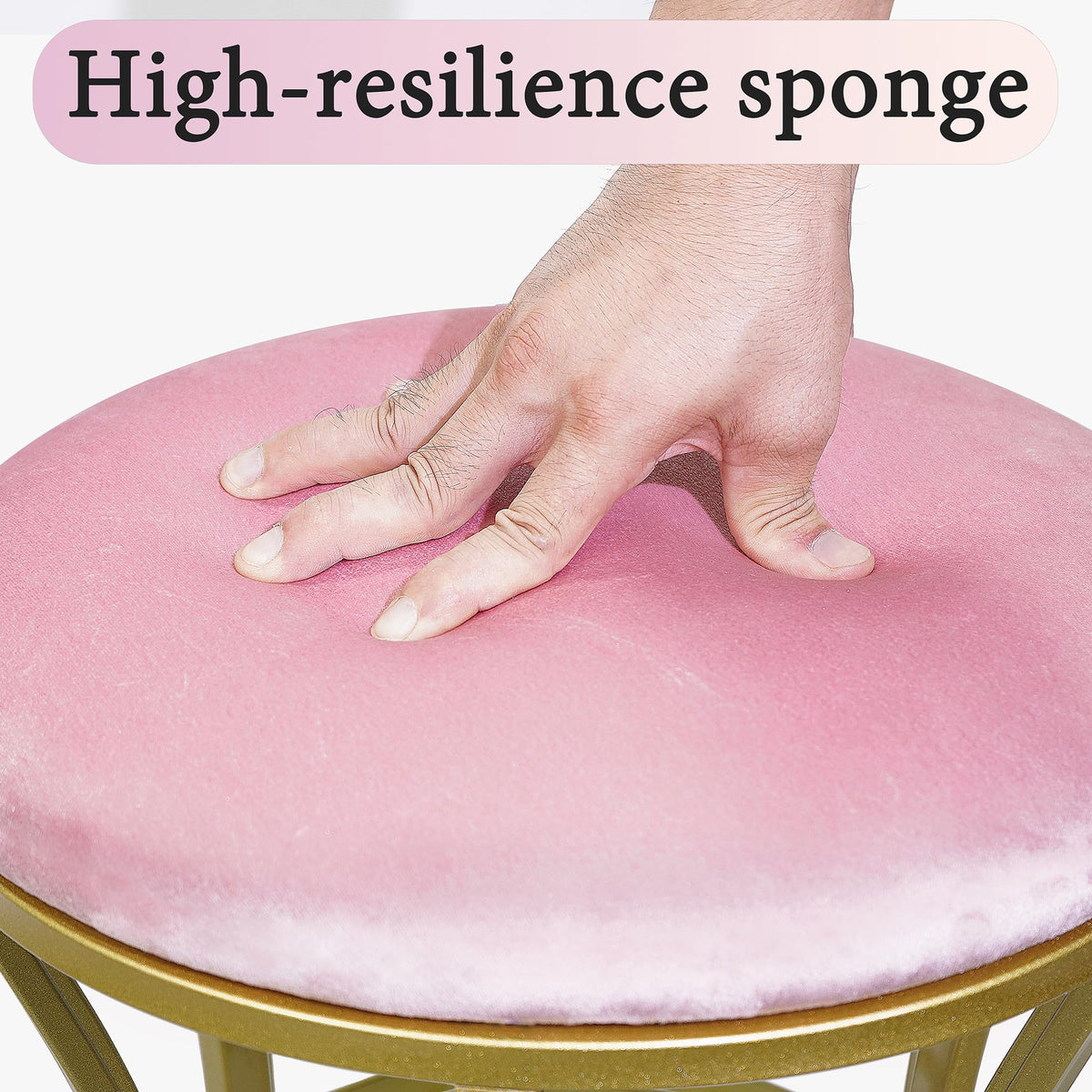 Ellensamqi velvet round vanity stool pink top view; soft cushion and comfort