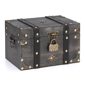 ELLDOO wooden treasure chest with lock closed for secure keepsakes.