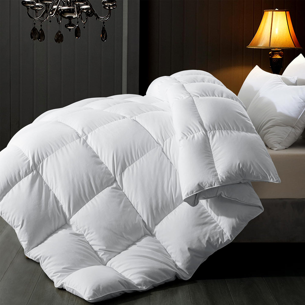 ELNIDO QUEEN Feather Comforter on a bed shows plush warmth and hotel-style elegance.