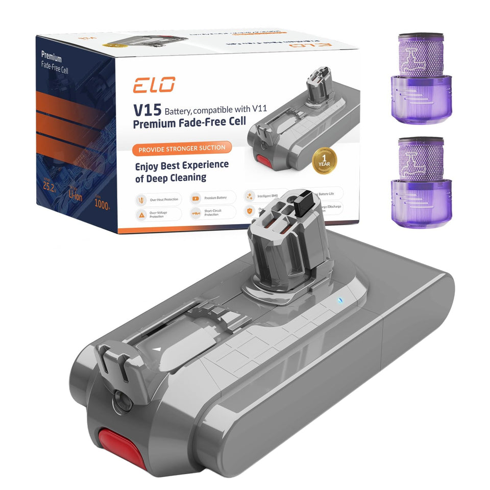 ELO Dyson V11/V15 battery pack showing 5000mAh capacity for longer cleaning.