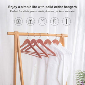 ELONG HOME cedar hanger showing 360-degree chrome hook for versatile hanging.