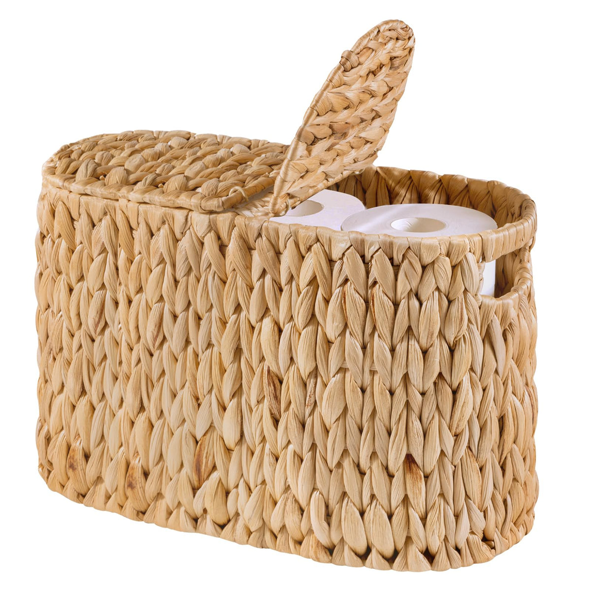 ELONG HOME toilet paper basket with lid, shown in a bathroom setup for dust-free storage