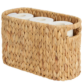 ELONG HOME toilet paper storage basket in water hyacinth holds six rolls for clutter-free bathrooms.