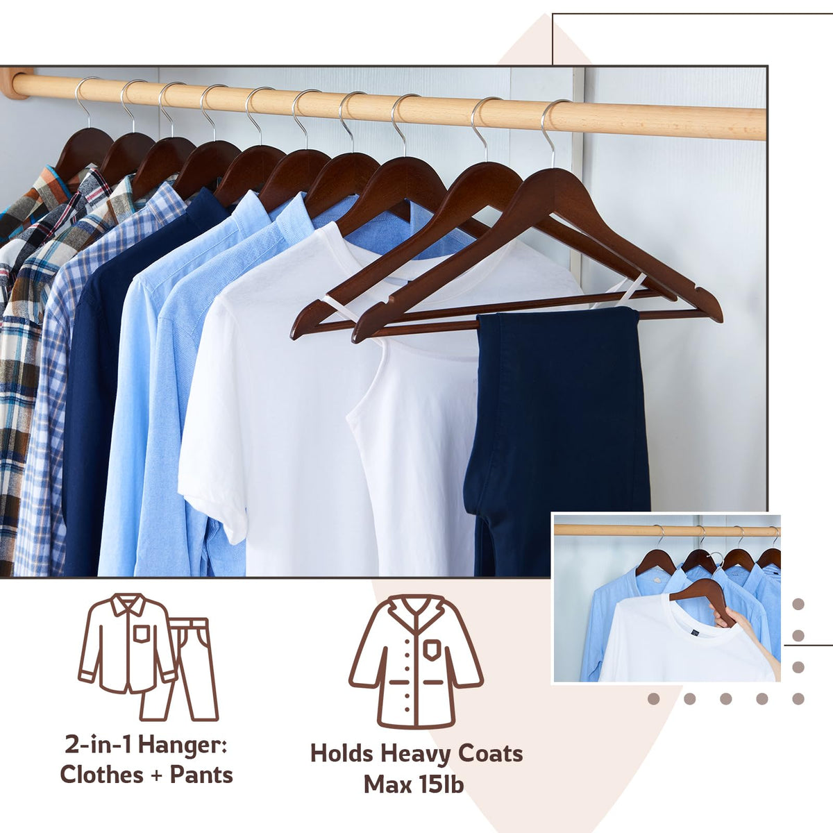 ELONG HOME natural birch wood construction supports heavier garments.