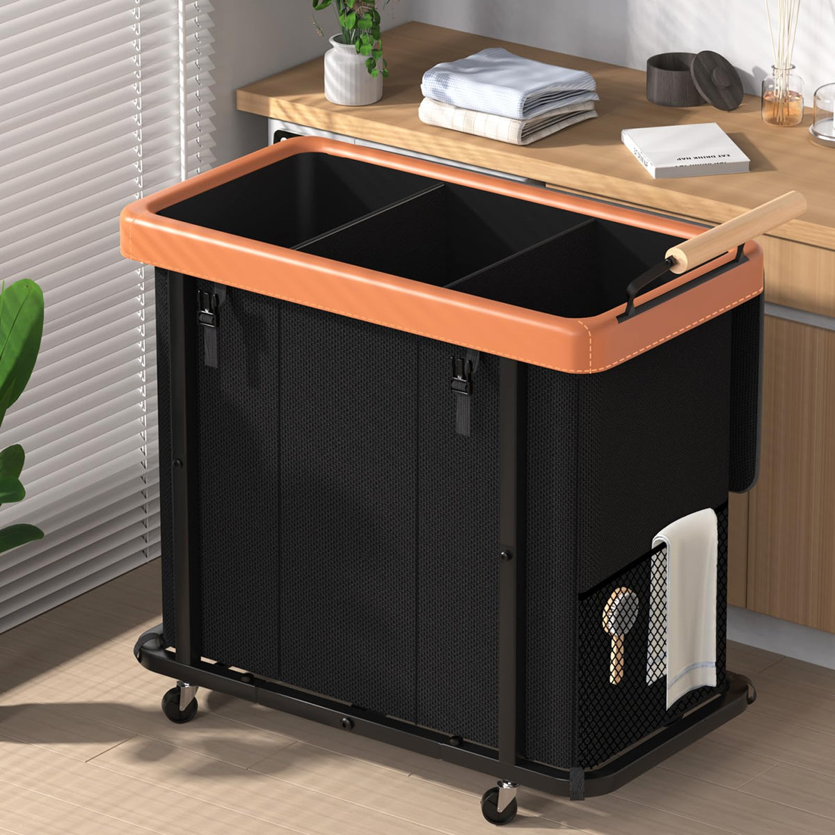 Elowen 60 Gal laundry hamper with lid and three sections for organized sorting.