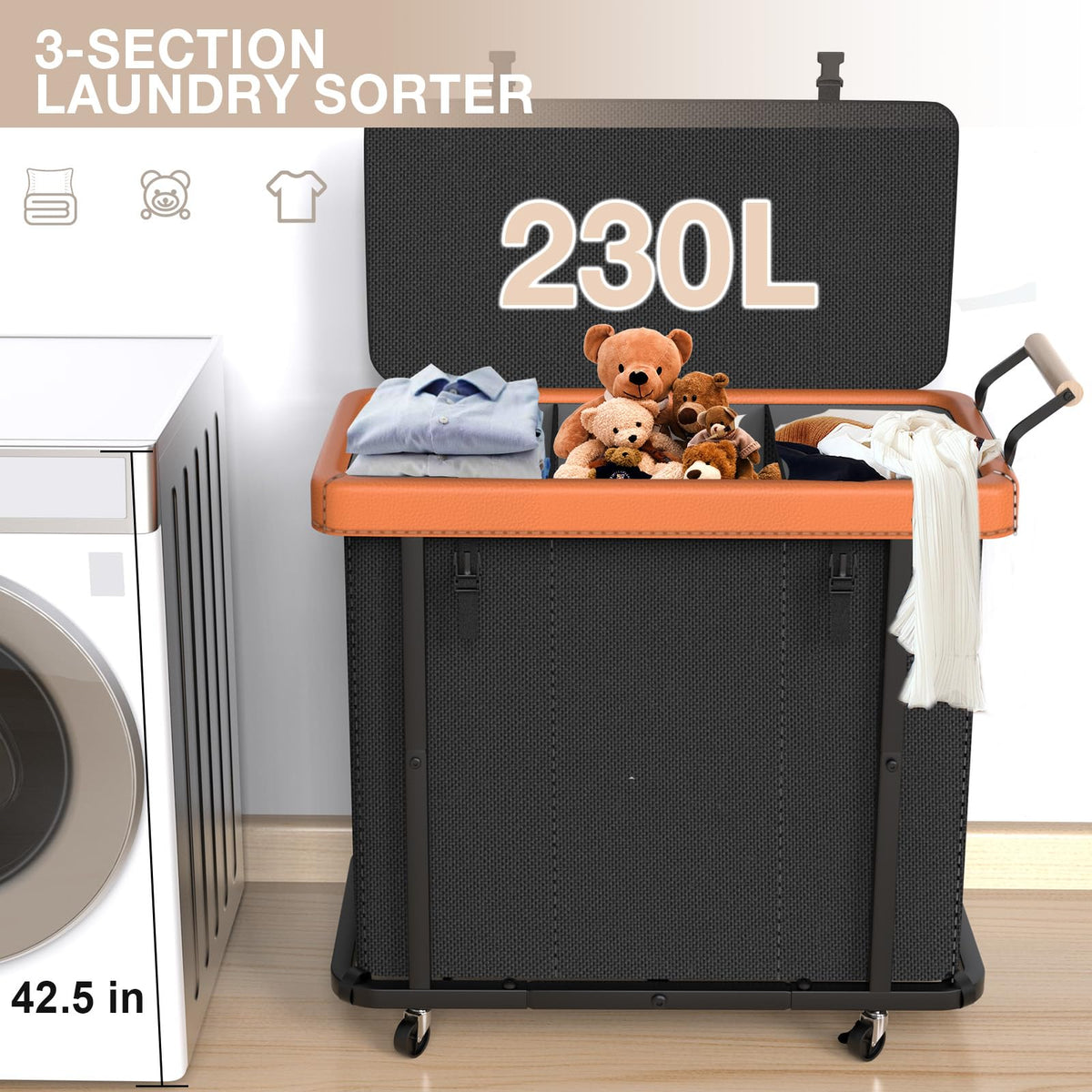 Elowen rolling laundry hamper with four wheels and lockable brakes for easy mobility.