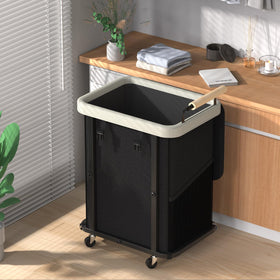 Elowen leather patchwork laundry hamper with lid shows stylish organization.